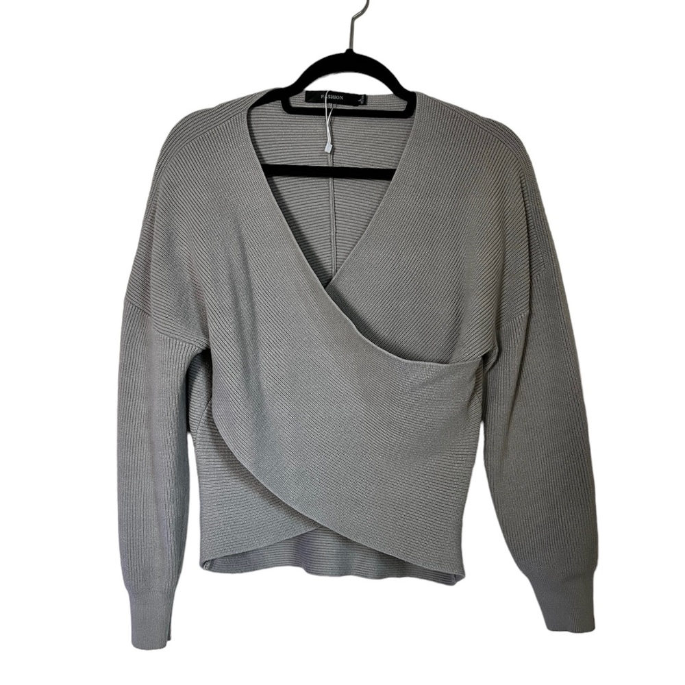 V-Neck Crisscross Front Long Sleeve Plain Pullover Sweater